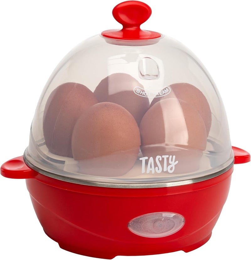 Tasty Mini Rapid Egg Cooker, 5-Egg Capacity for Perfect Hard Boiled Eggs or Omelets, Auto Shut Off, Red - Image 1